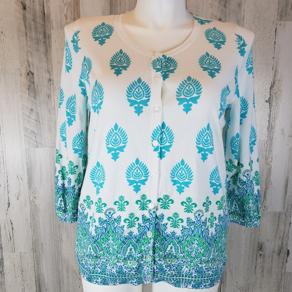 Talbots White and Teal Cardigan Size 1X